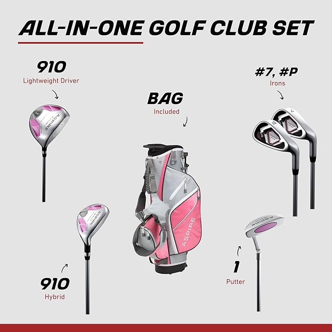 Aspire Junior Plus Kids Golf Clubs – Boys’ & Girls’ Right-Handed Golf Set with Lightweight Stand Bag, Graphite Shafts & Aircraft-Grade Aluminum Clubs
