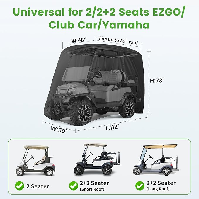 10L0L 2/4/4+2 Passenger Golf Cart Cover Upgrade Extended Roof, 600D Waterproof Snowproof Windproof Sunproof Durable Full Golf Cart Covers for Yamaha,EZGO,Club Car and Other