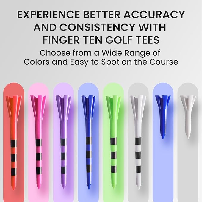 FINGER TEN Unbreakable Golf Tees Plastic 80 3 1/4" or 2 3/4" Driver Tees with 20 1 1/2" Iron Tees Assorted Pack, Low Resistance & Consistent Height Long Short Tees with Bright Colors