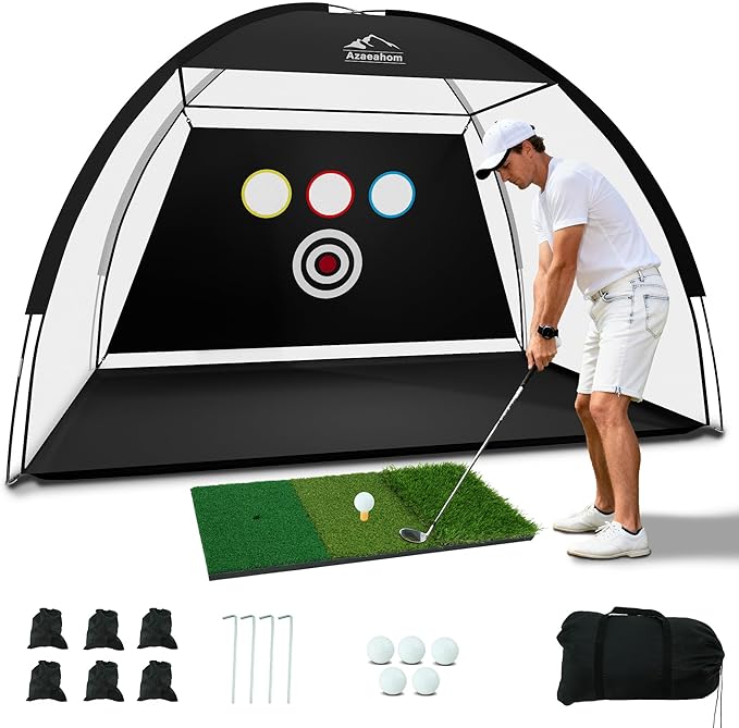 Golf Net, 10x7 Ft Golf Hitting Net with Tri-Turf Mat, Multi-Target Golf Practice Net for Outdoor/Indoor Chipping & Driving, Ideal Gift for Men/Dad/Husband/Golfers