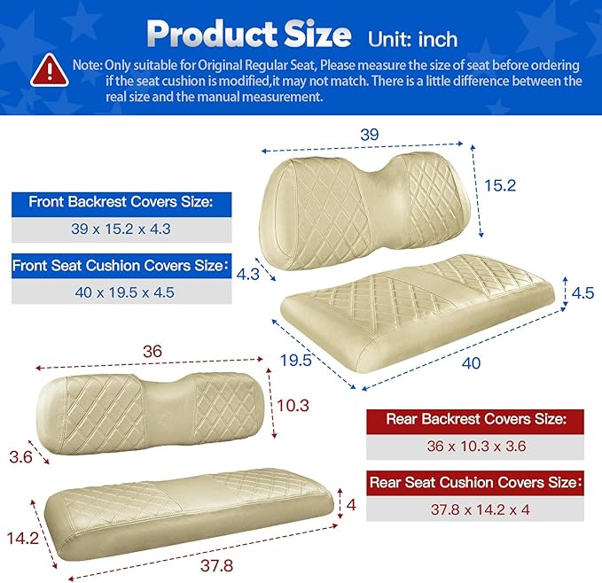 NOKINS 4PCS Golf Cart Seat Covers Kit, Front and Rear Seat Covers Fits Club Car Precedent Standard Seat Cushion, Club Car Vinyl Diamond Seat Covers Accessories, No Staples (Buff)