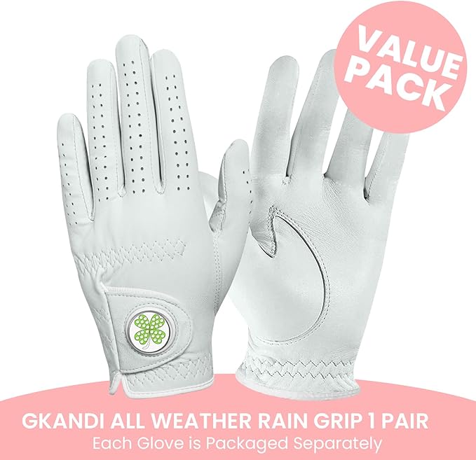 Golf Gloves Women All Premium Cabretta Leather 1 Pair with Ball Marker, Soft Comfortable & All Weather Grip Glove for Right Handed Golfer, Serious Feel Fit Size Small Medium Large XL