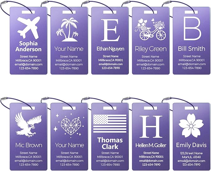 Personalized Metal Luggage Tags, Custom Suitcase Aluminum Name Tags with 5.9in Steel Ring, Laser Engraved Text and Logo, for Travel Gift, Baggage, Golf Bag (Purple)
