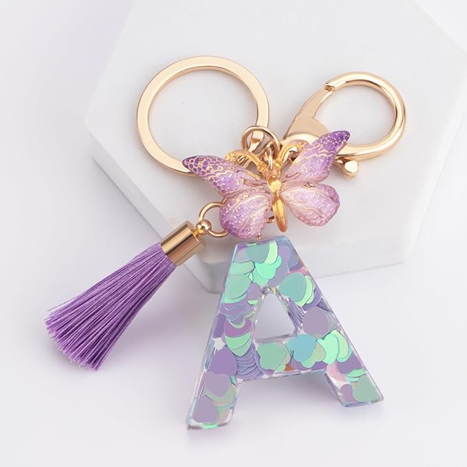 Suweibuke Colourful Cute Initial Letter Keychains for Women Girls with Tassel Butterfly, Charm for Purse Handbags Backpacks