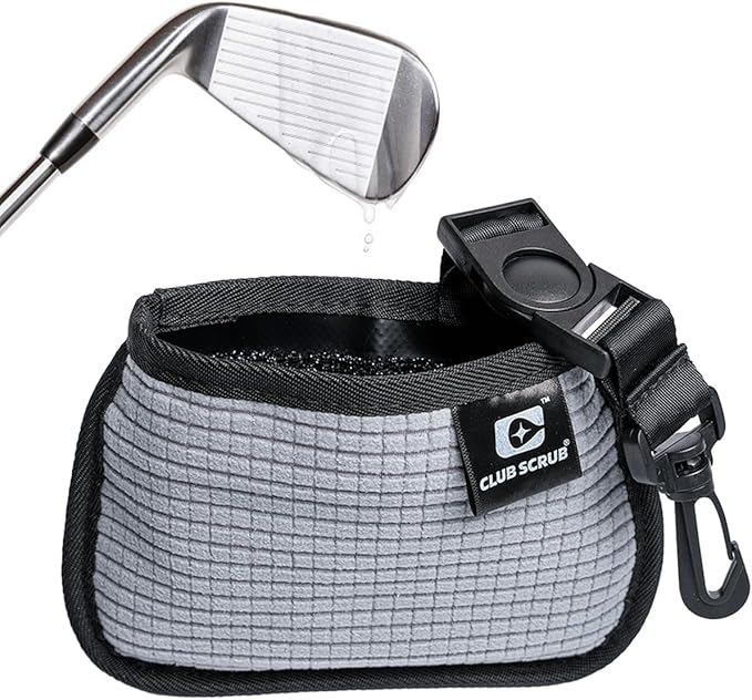 Club Scrub Mini, Golf Club and Golf Ball Cleaning Bag, Waterproof Clean Face Technology Liner, Detachable Clip, Machine Washable, Cleans Club Grooves, Dry Exterior (Gray)