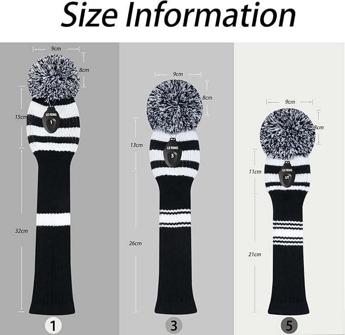 LeFeng 1Pcs Golf Club Cover, Knitted Golf Head Cover for 460cc Driver Fairway Woods and Hybrid with Cute Pom Pom and Number Tag