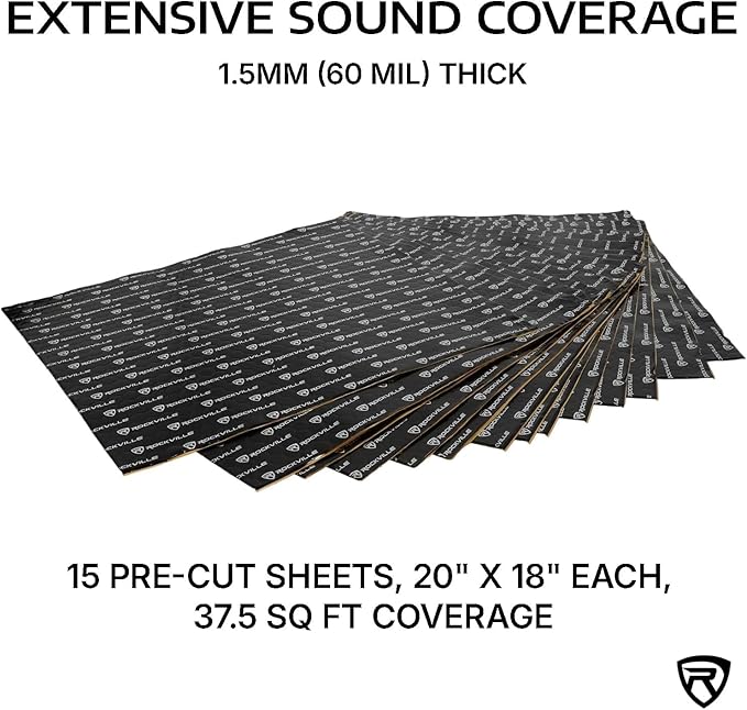 Rockville ROCKMAT 37-15 Sound Deadening Mat, 60 mil Butyl Aluminum Foil Sheets, 37.5 Sq Ft Coverage, Peel and Stick Automotive Soundproofing and Vibration Damping for Doors Floors Trunk