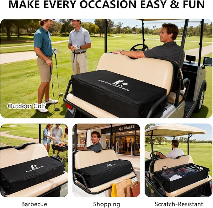 Golf Cart Storage Bag, Golf Cart Accessories Compatible with Yamaha, Club Car, EZGO, Cargo Box with Strong Buckles & Adjustable Straps for 2+2 Passenger Golf Carts, No-Drill Design (Bag Only)