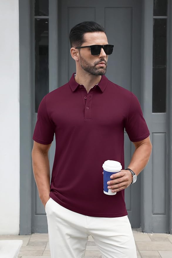 MAGCOMSEN Men's Polo Shirts Short Sleeve Cotton Pique 3 Button Classic Fit Casual T-Shirt Performance Golf Shirts