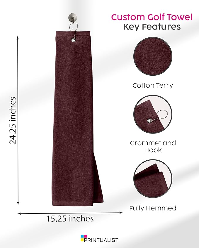 Custom Golf Towel for Golf Bags, Balls - Add Your Embroidered Name - Personalized Trifold Golf Bag Towels with Clip, for Men and Women