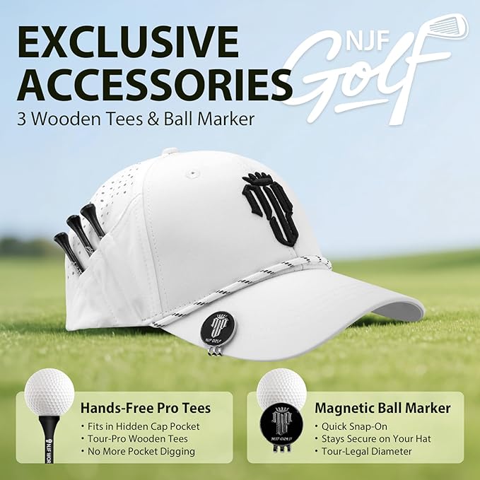 NJF Golf™ Hat Men - Breathable Mens Golf Hats, Adjustable Rope Snapback Cap, Convenient Cap with Tee Holder