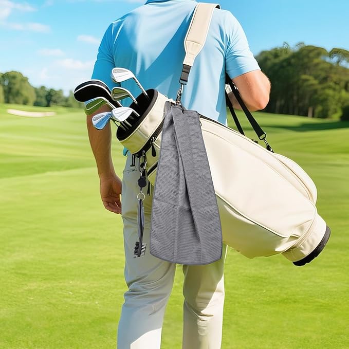 Aulock Golf Towel and Brush Set -16" X 24" Microfiber Towels with Carabiner Clip, Men Cleaning Kit with Golf Club Brush (2 Grey Towel + 1 Brush + Golf Divot Tool)