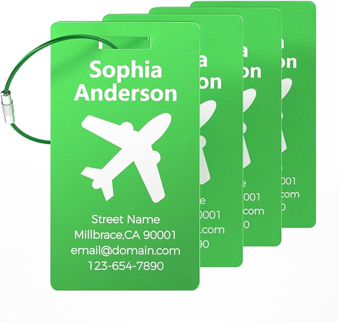 4 Pack Personalized Luggage Tags, Custom Engraved Aluminum Luggage Tags with Your Personalized Text, Waterproof Metal Name Tags with Steel Loop for Bags, Suitcase, Baggage, Backpack (Green, Large)