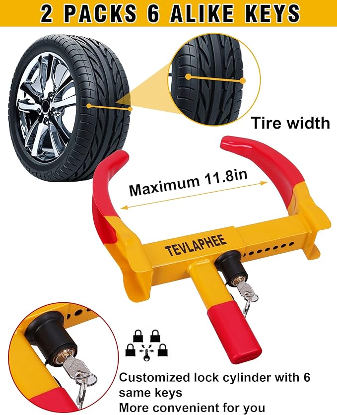 Tevlaphee Wheel Lock Set,Trailer Security Adjustable Anti Theft Trailer Wheel Lock for Car Camper Trailers SUV Boat Motorcycle Great Deterrent 2 Packs 6 Alike Keys