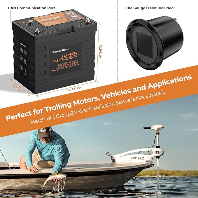 12V 100Ah LiFePO4 Battery, PowerUrus 12V 100Ah BCI Group24 LiFePO4 Lithium Battery with APP, 100A BMS, 4000+ Deep Cycle LiFePO4 Battery,12V Lithium Iron Phosphate Battery for RV, Solar, Trolling Motor