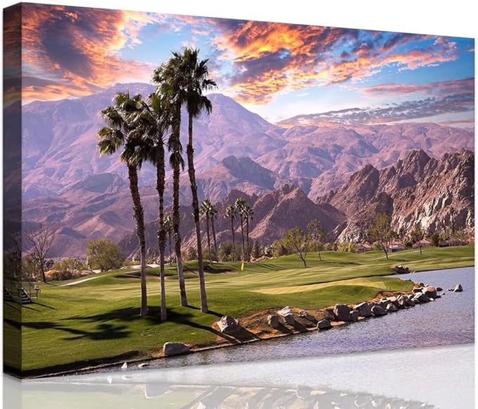 Golf Course at Sunset in Palm Wall Art Prints USA California Picture Canvas Wall Decor for Home Living Room Bedroom Bathroom Framed Artwork Ready to Hang(28''H x 44''W)