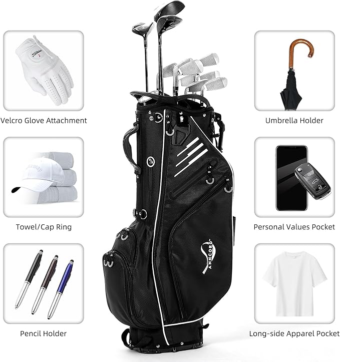 Golf Stand Bag 14 Way Top Dividers Full-Length with Stand, 8 Pockets, Cooler Pouch, Waterproof Golf Bag for Men, Dual Strap, Rain Hood