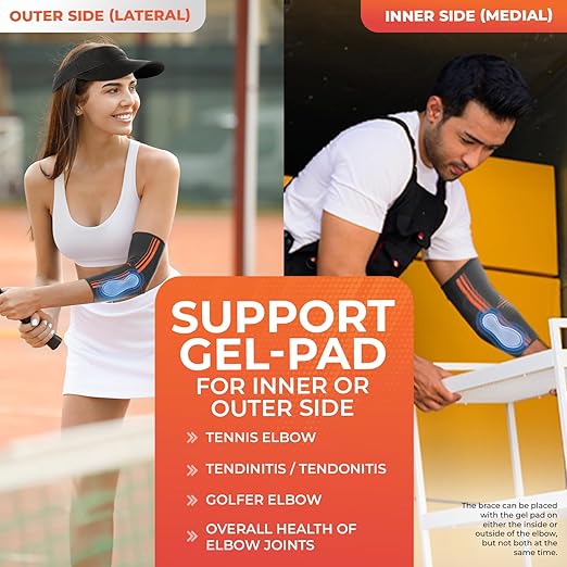 DR. BRACE® Elite Elbow Brace Support, Breathable Elbow Compression Sleeve with Gel Pad for Golfer's, Tennis Elbow & Tendonitis Treatment & Pain Relief 2024 (Grey-Orange, X-Large)