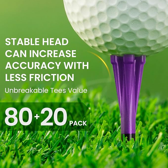 FINGER TEN Unbreakable Golf Tees Plastic 80 3 1/4" or 2 3/4" Driver Tees with 20 1 1/2" Iron Tees Assorted Pack, Low Resistance & Consistent Height Long Short Tees with Bright Colors