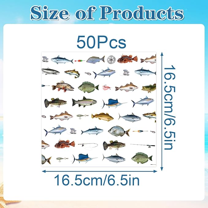 Gone Fishing Party Decorations, Disposable Paper Fish Napkins Supplies Pack of 50, Fishing Birthday Baby Shower Decor Size 6.5 Inch
