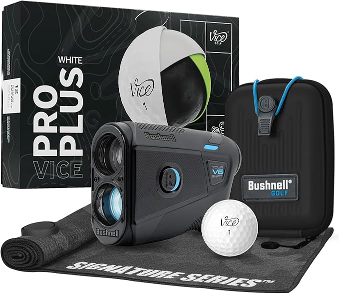 Bushnell Golf Tour V6 Shift Laser Rangefinder with Vice Balls | Slope Compensation, PinSeeker, Magnetic Mount, 1300 YD Range, 6X Magnification | Signature Series Golf Towel
