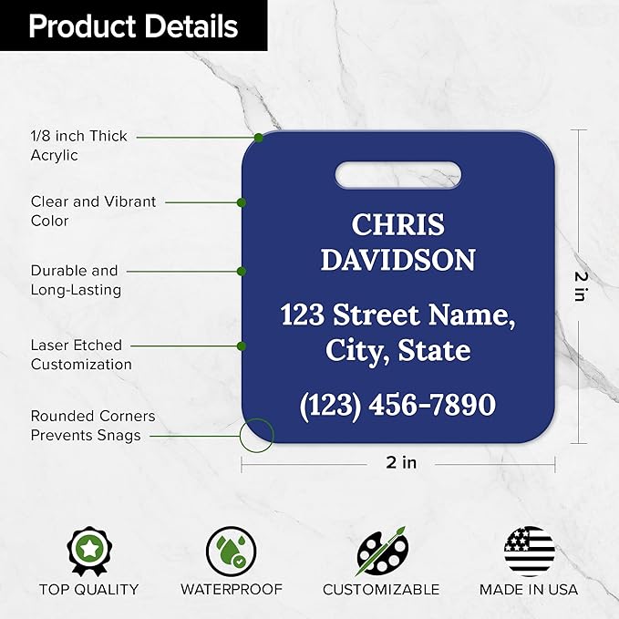 Custom Luggage Tags, Personalized Name Address for Suitcases,Backpack, Handbag, Travel Equipment Tag, 2x2 Inches, Acrylic Heavy Duty Waterproof, Made in The USA by My Sign Center- Blue
