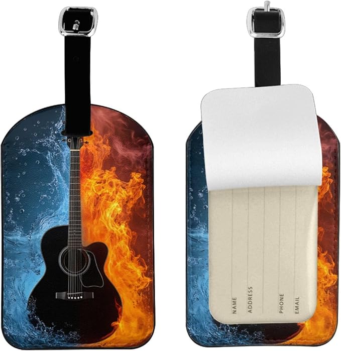 Guitar Fire and Water Luggage Tag for Suitcases,Rock Music Cool Musical Instrument PU Leather Baggage Tags Bag Tags Travel Id Label for Luggage Women Men -1 Piece