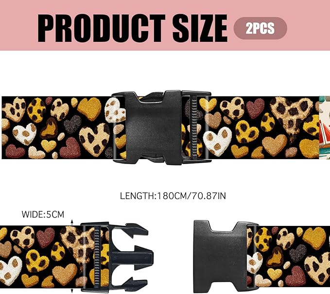 Nuxovilar Luggage Straps of 2 Set Leopard Print Hearts Pattern, 1.96x90.5 inches - Luggage Straps for Suitcases, Great for Travel, Romantic Trips, Daily Use