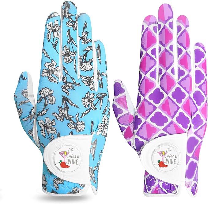 Golf Gloves Women with Ball Marker 2 Pack, Right Handed Golfer Left Hand, Ladies Breathable Soft All Weather Grip Glove Fit Size Small Medium Large XL