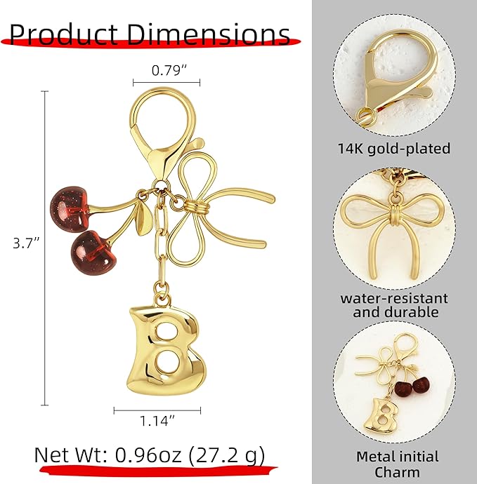 Gold Bubble Heart, Cherry, Bow & More Designs Letter Initial Keychain Bag Charms – Cute Purse Charms for Handbags