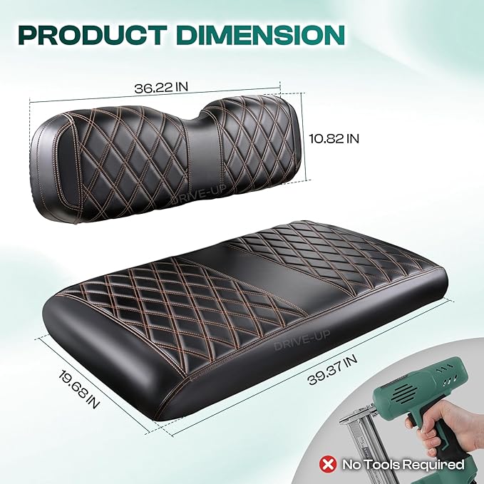 Drive-up Golf Cart Seat Covers, Diamond Leather EZGO TXT Seat Covers, Black PVC EZGO Front Seat Covers with Brown Stitching, Anti-Scratch and Stain-Resistant