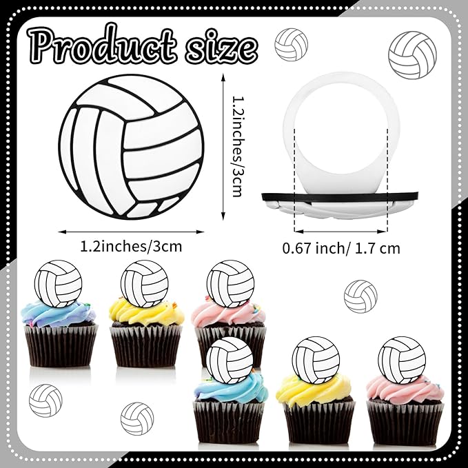Honeydak 48 Pcs Black Volleyball Cupcake Rings Toppers Decoration Sport Ball Theme Cupcake Picks Cake Decoration for Sport Baby Shower Birthday Party Cake Supplies