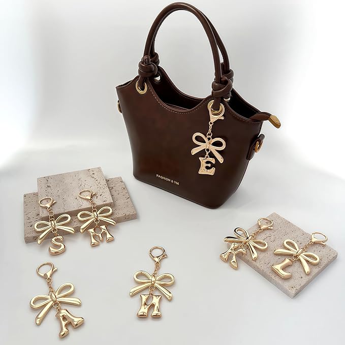Gold Bubble Heart, Cherry, Bow & More Designs Letter Initial Keychain Bag Charms – Cute Purse Charms for Handbags