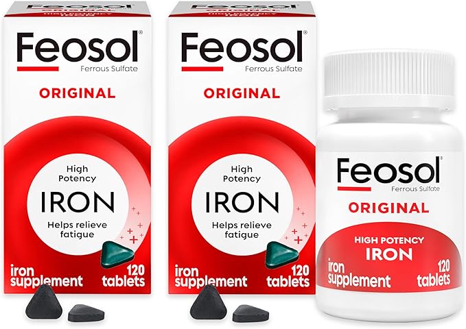 Feosol Original Iron Supplement Tablets,Non-heme 325mg Ferrous Sulfate (65mg Elemental Iron) per Pill, 1 Per Day, 4 Month Supply, for Energy and Immune System Support (120 ct Pack of 2)