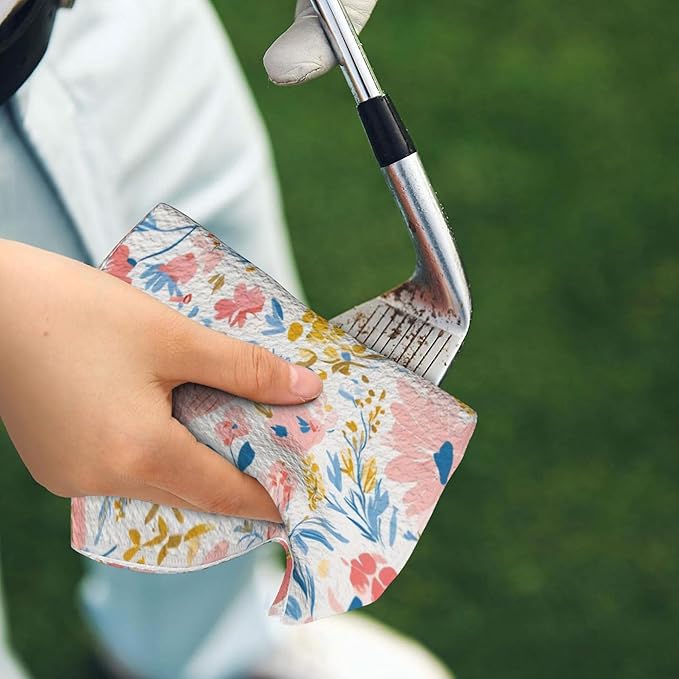 Pink Floral Golf Towel with Carabiner Clip 24"x16" Microfiber Waffle Cute Flower Ladies Golf Towels for Golf Bags Funny Golf Rag for Disc Balls Clubs Golfs Accessories for Women Men Girls