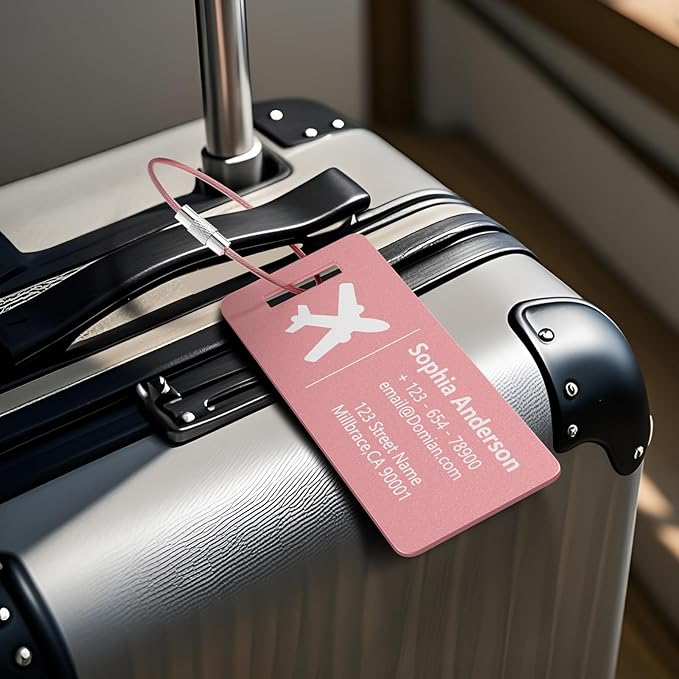 4 Pack Personalized Luggage Tags, Custom Engraved Aluminum Luggage Tags with Your Personalized Text, Waterproof Metal Name Tags with Steel Loop for Bags, Suitcase, Baggage, Backpack (Pink, Small)