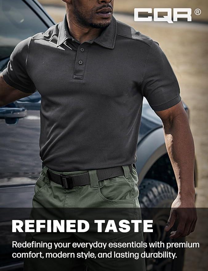 CQR Men's Polo Shirts, Tactical Short Sleeve Golf Performance Shirts, Lightweight Dry Fit UPF 50+ Pique