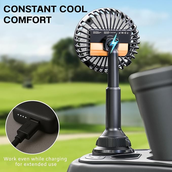 A2C Golf Cart Fan Rechargeable, Cup Holder Base Battery Operated Cooling Fan, 3 Speeds Powerful Airflow Compatible with EZGO, Club Car, Yamaha, 360° Rotatable Golf Cart Accessories