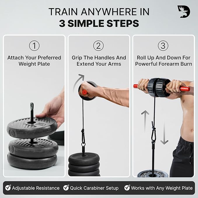 DMoose Fitness Forearm Strengthener & Wrist Roller - 2 in 1 Arm Exerciser with Non-Slip Premium Grip, Durable Nylon Rope - Helps with Elbow Tendonitis, Wrist Recovery & Strength Training (Patented)