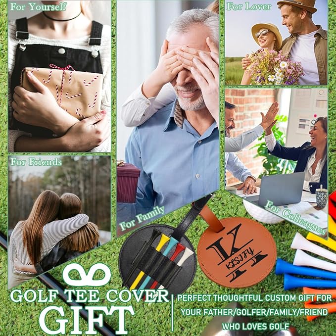 Custom Leather Golf Tee Holder Personalized Photo Logo Pattern Customized Split Name Golf Bag Tag Organizer Tees Cover, Accessories Gift for Golfers Men Women Father Dad Grandpa Uncle, Birthday