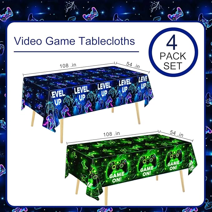 4 PCS Video Game Tablecloth for Boys Girls Kids Player Gaming Birthday Party Decorations, 54 x 108 Inch
