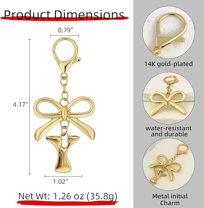Gold Bubble Heart, Cherry, Bow & More Designs Letter Initial Keychain Bag Charms – Cute Purse Charms for Handbags