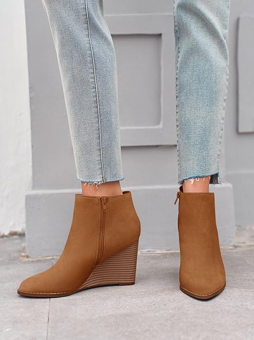 LAICIGO Womens V Cut Wedge Ankle Booties Zip-up Closed Toe Stacked Heel Faux Suede Winter Boots