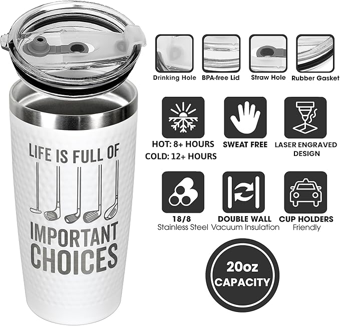 Golf Gifts for Men, Grandpa, Uncle, Golfer, Boss, Dad, Husband, Him, Boyfriend - Grandpa Uncle Gifts - Birthday, Christmas Gift for Golfers Men - 20 Oz Life Full Of Important Choices Tumbler