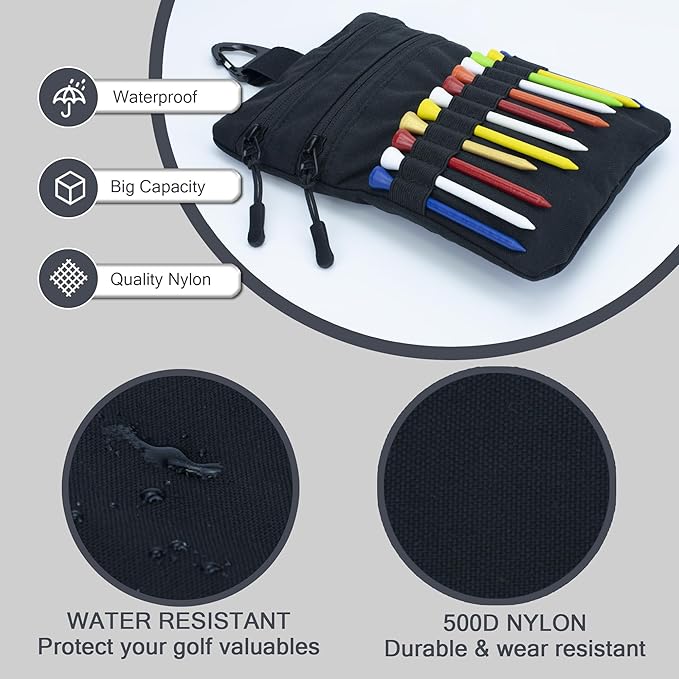 Golf Pouch Bag, Golf Tee Holder for Accessories, Valuables, Tees, Balls - Small Nylon Zipper Tee Pouch Clip on Bag Belt Backpack - Handy for Golfing, Fishing, Cycling, Travel - Great Gift for Golfers