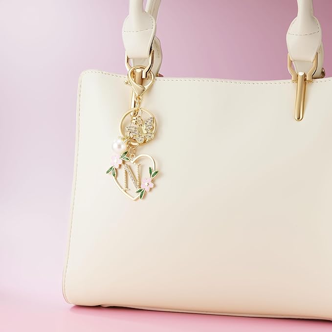 Gold Heart Initial Letter Keychain for Women Key chain Keyring for Purse Handbags Backpack Charm