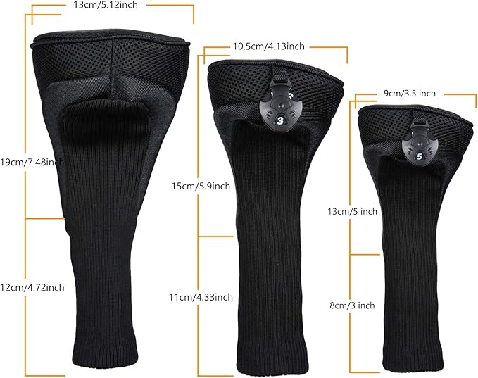 Black Golf Club Head Cover for Driver Fairway 3 Pcs Woods Headcovers, Golf Accessories Hybrid Head Covers Set with Interchangeable Tags 3 4 5 7 X