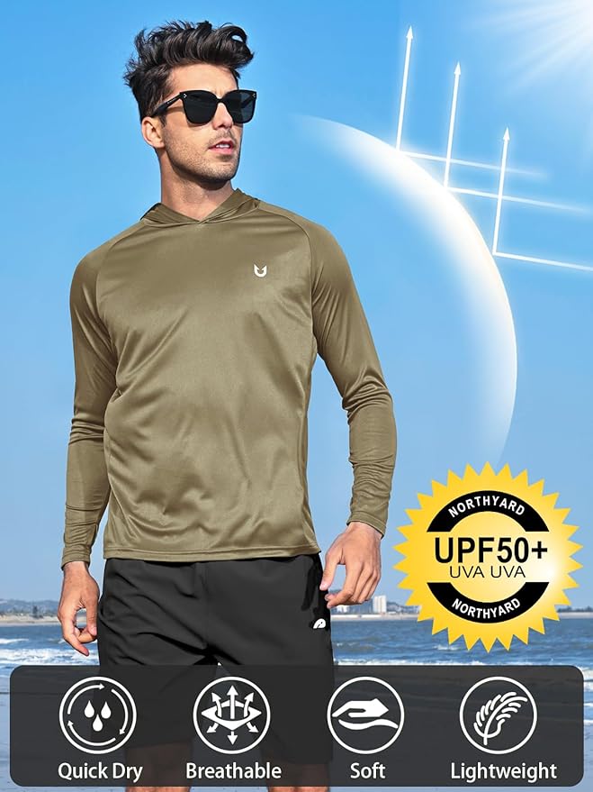 NORTHYARD Men's UPF 50+ Hoodie Shirts Long Sleeve Sun Protection Fishing Swim Beach UV SPF Rash Guard Quick Dry Lightweight