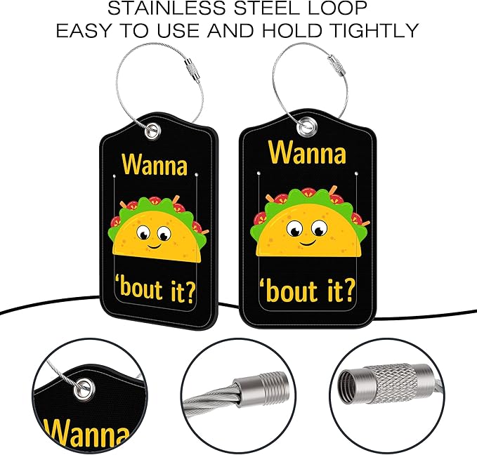 2 Pack Luggage Tags for Suitcase,Mexican Taco PU Leather Luggage Tags with Privacy Cover Name Address Labels and Steel Ring,Creative Travel Accessories for Men and Women