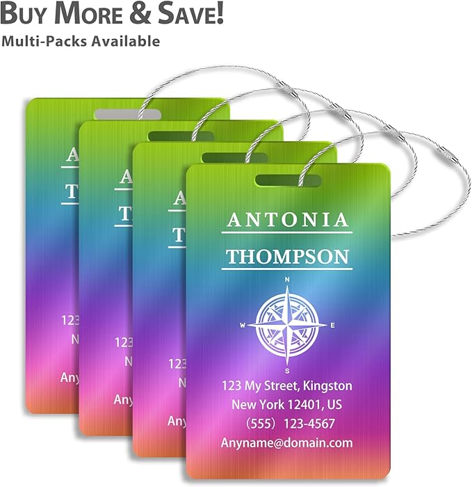 Custom Stainless Steel Luggage Tags (2 Pack) - Personalized Laser Engraved Luggage Tag, Waterproof Durable, for Bags, Backpack Travel, Suitcases (Multi Color)